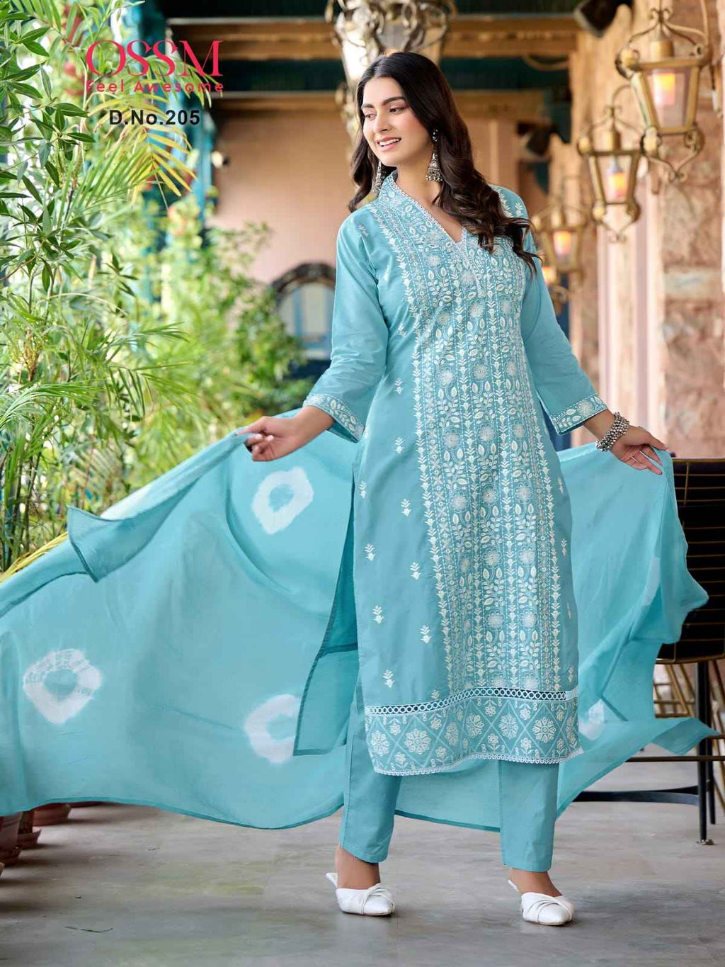 Women Blue Chikankari Cotton Kurta Pant Dupatta