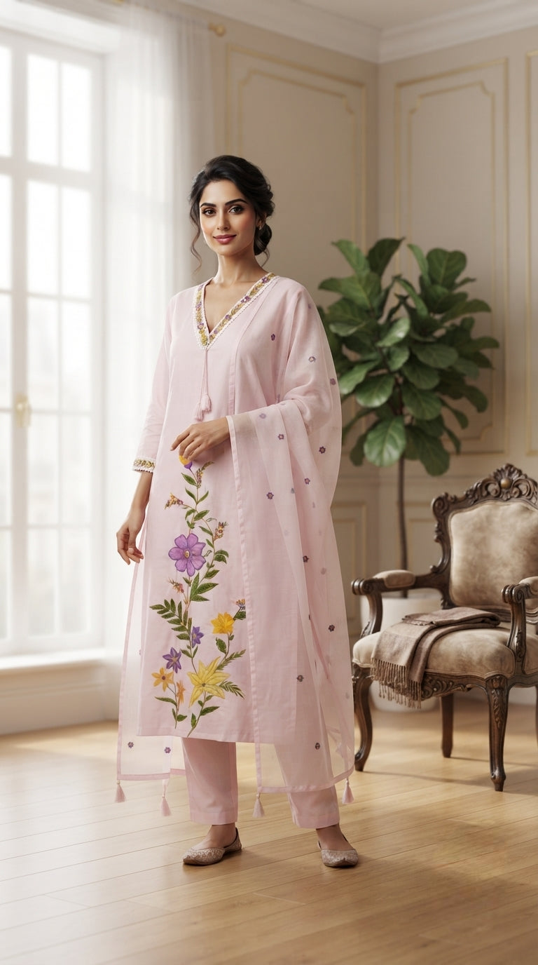 Women Pink Embroidered Cotton Kurta Pant Dupatta