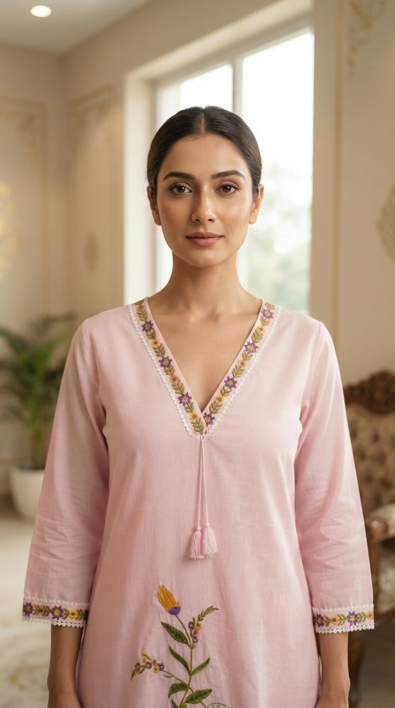 Women Pink Embroidered Cotton Kurta Pant Dupatta