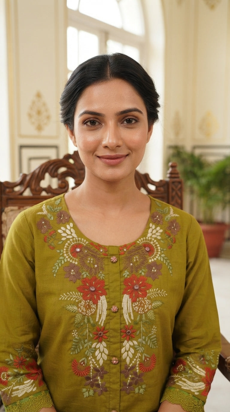 Women Green Embroidered Cotton Kurta Pant Dupatta