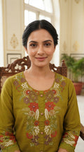 Women Green Embroidered Cotton Kurta Pant Dupatta