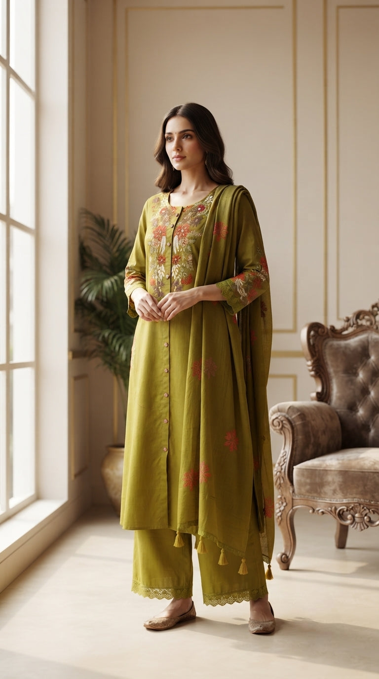 Women Green Embroidered Cotton Kurta Pant Dupatta