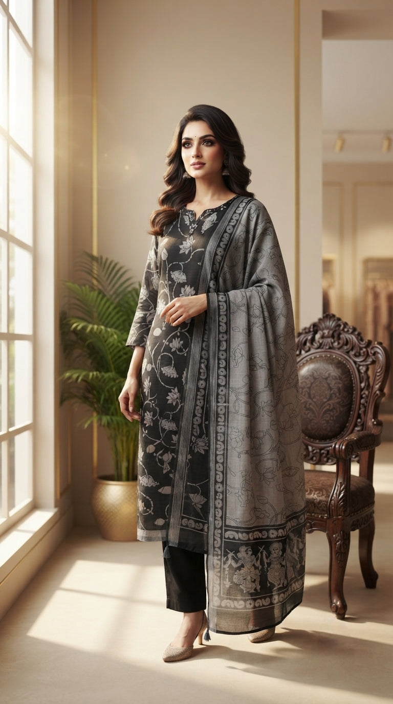 Women Black Kalamkari Chanderi Kurta Pant Dupatta