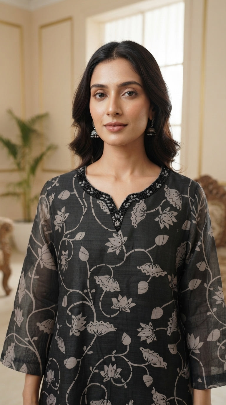 Women Black Kalamkari Chanderi Kurta Pant Dupatta