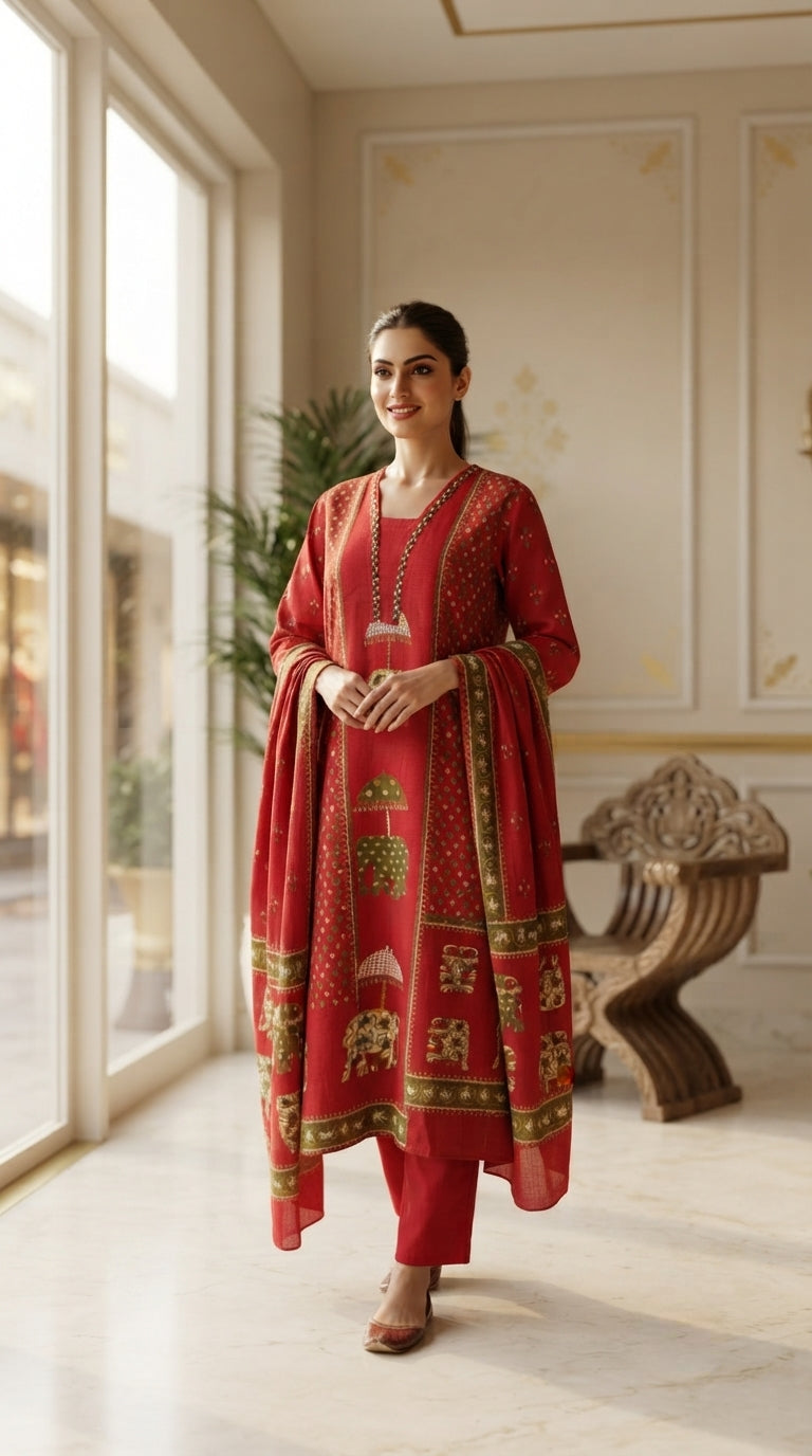 Women Red Printed Cotton Kurta Pant Dupatta