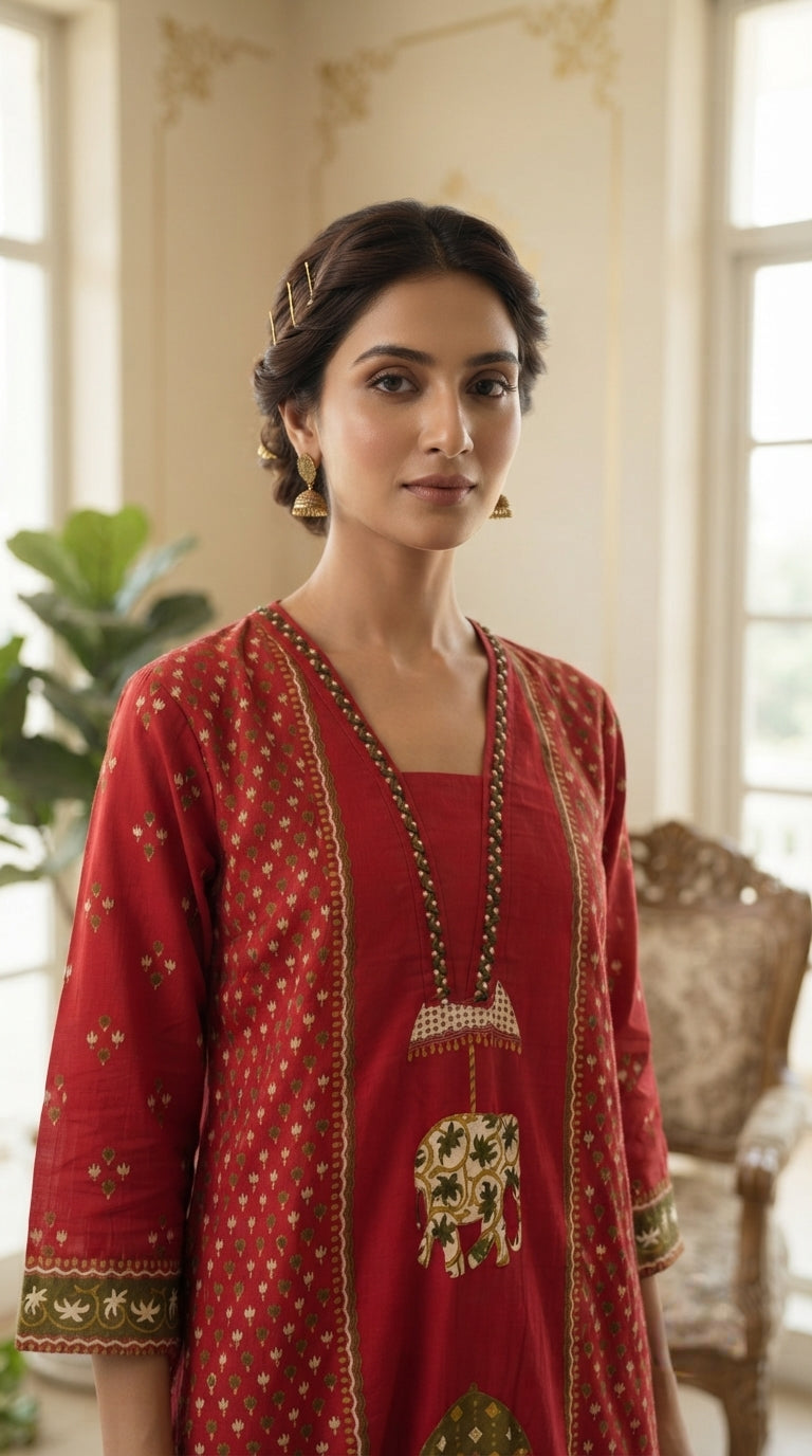 Women Red Printed Cotton Kurta Pant Dupatta