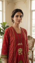 Women Red Printed Cotton Kurta Pant Dupatta