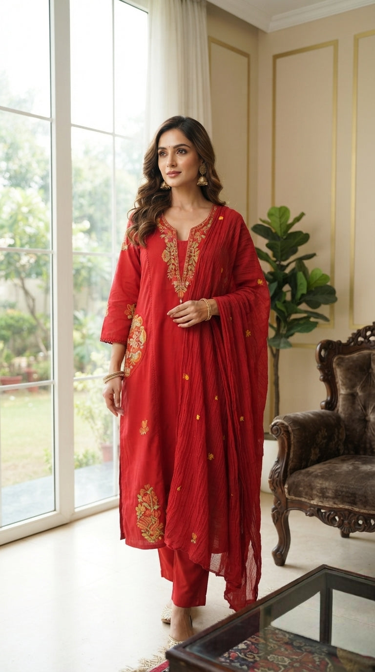 Women Red Embroidered Cotton Kurta Pant Dupatta