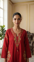 Women Red Embroidered Cotton Kurta Pant Dupatta