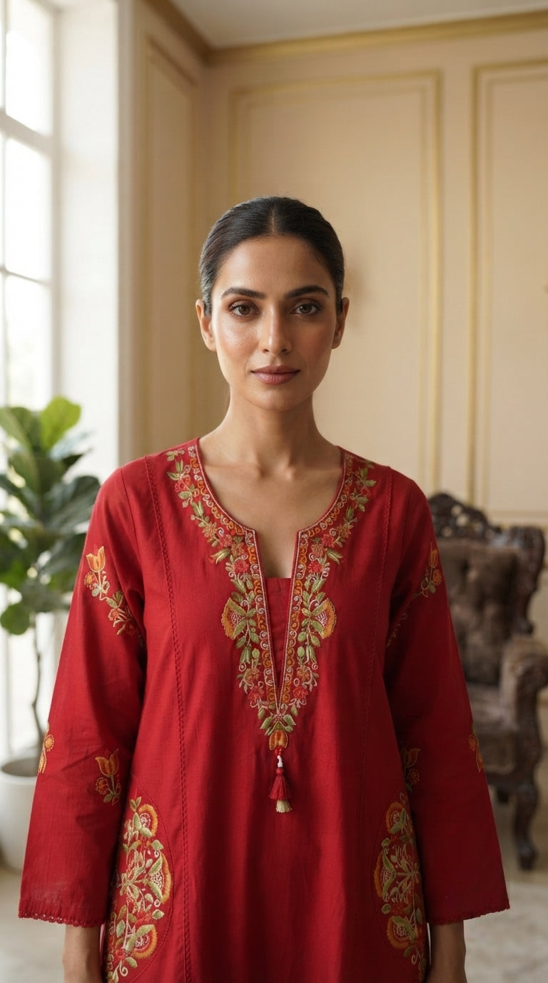 Women Red Embroidered Cotton Kurta Pant Dupatta