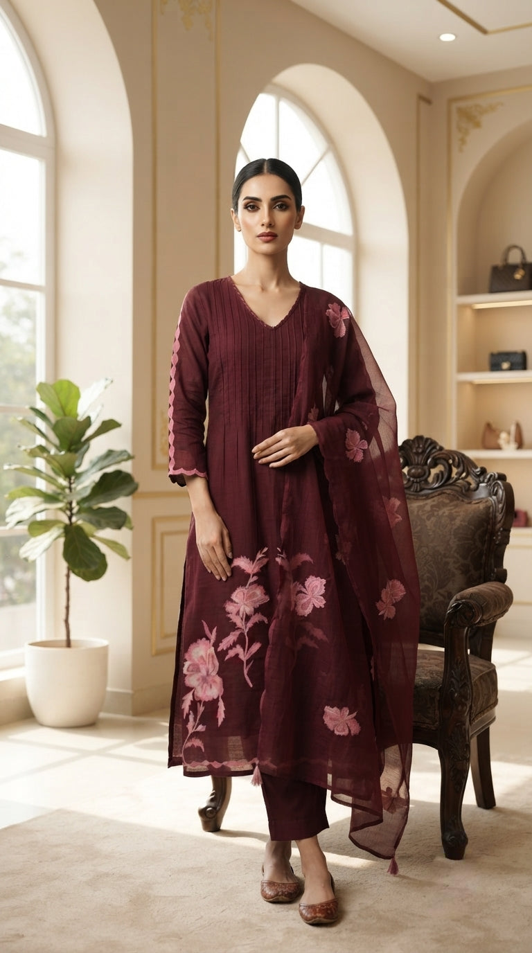 Women Embroidered Cotton Kurti Dupatta Bottom Set