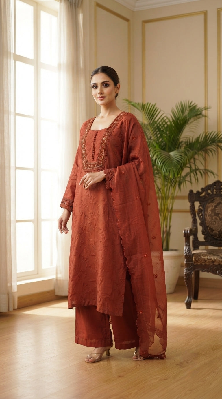 Women Brown Embroidered Cotton Kurta Pant Dupatta