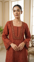 Women Brown Embroidered Cotton Kurta Pant Dupatta