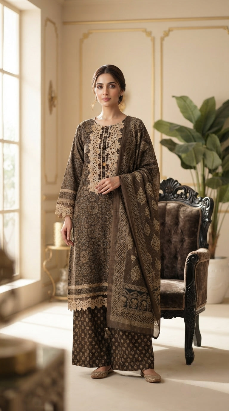 Women Beige Printed Cotton Kurta Pant Dupatta