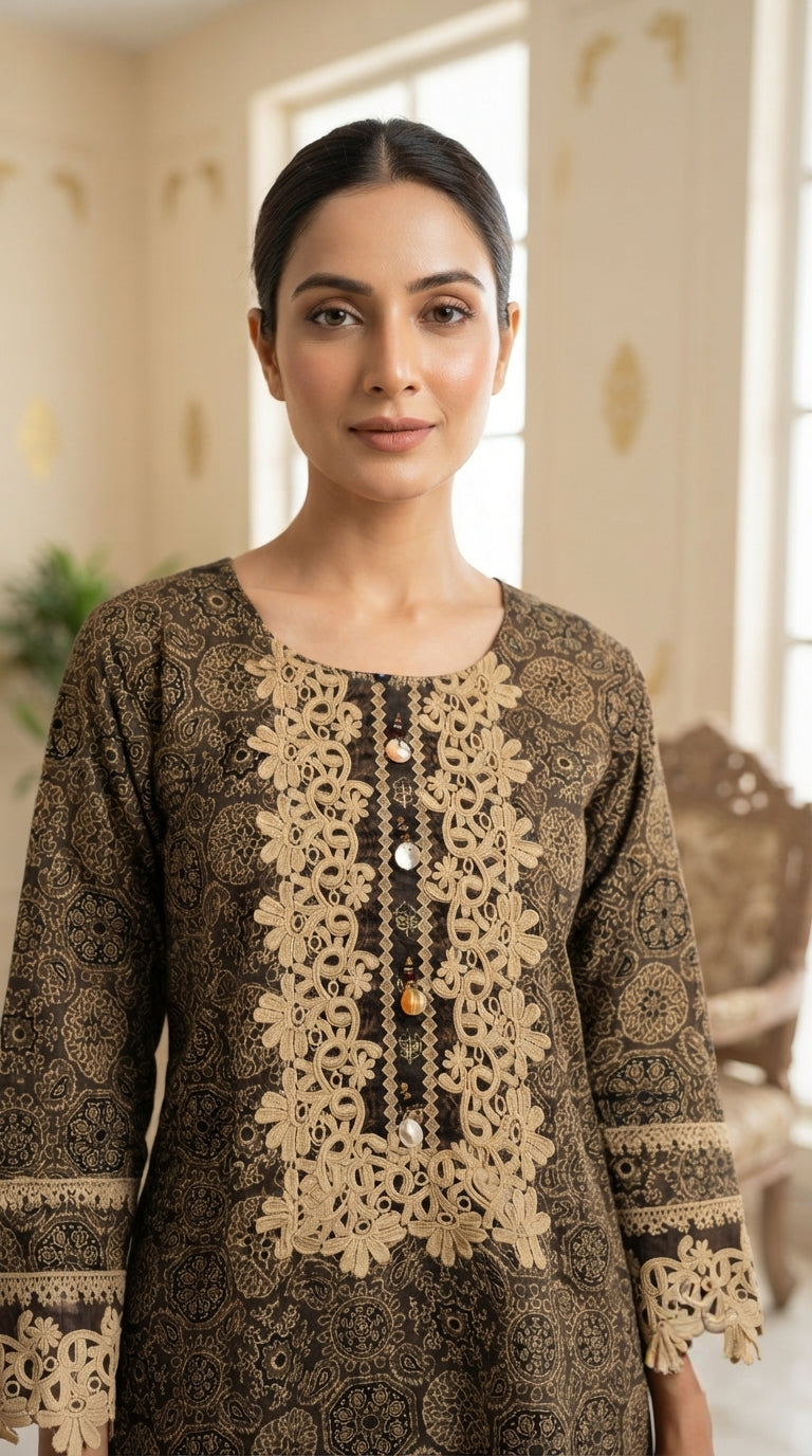 Women Beige Printed Cotton Kurta Pant Dupatta