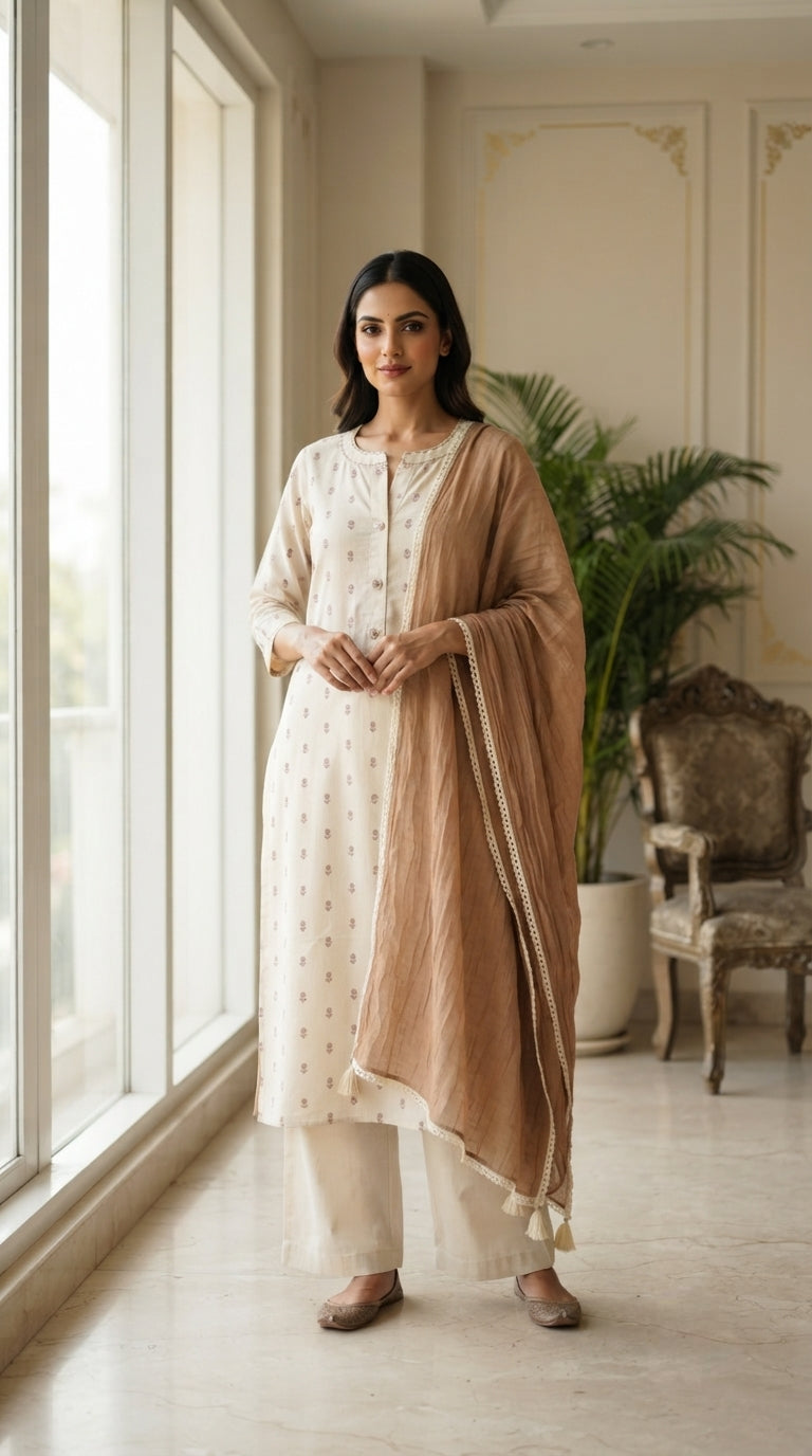 Women White Embroidered Cotton Kurta Pant Dupatta