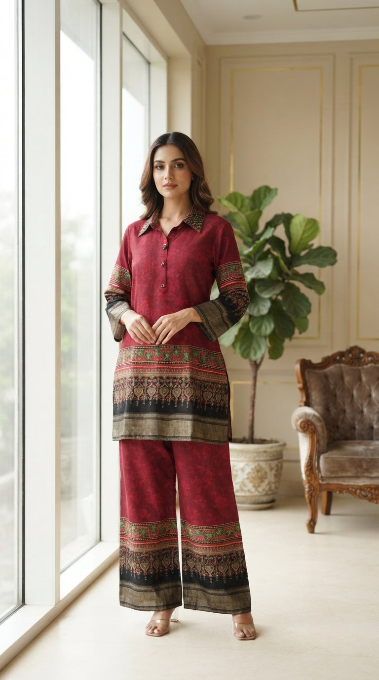 Women Maroon Mirror Silk Top Bottom