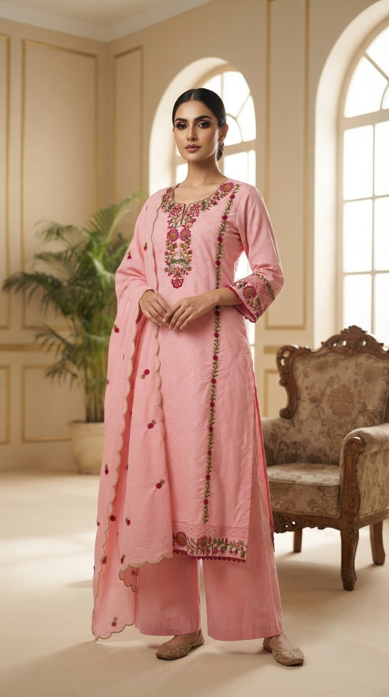 Women Pink Embroidered Cotton Kurta Pant Dupatta