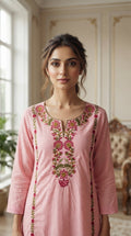 Women Pink Embroidered Cotton Kurta Pant Dupatta