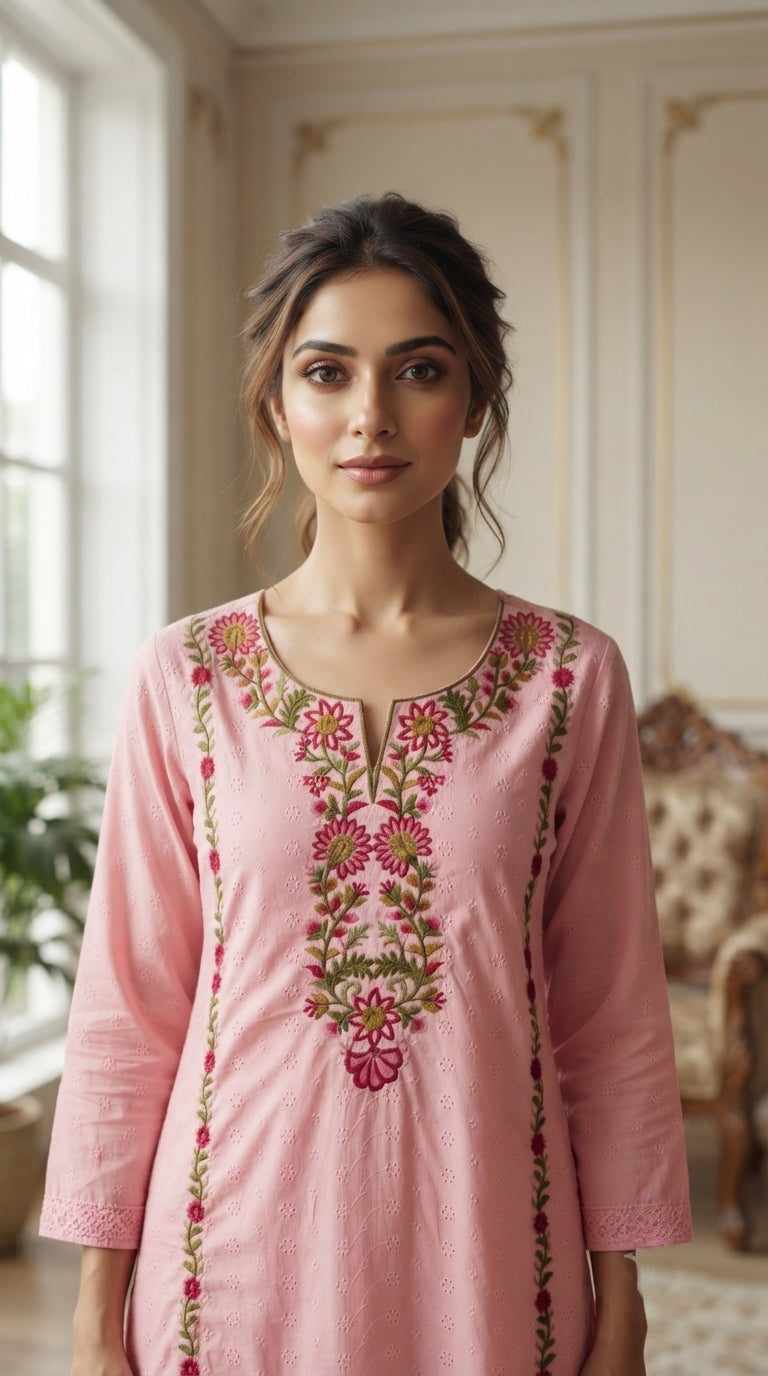 Women Pink Embroidered Cotton Kurta Pant Dupatta