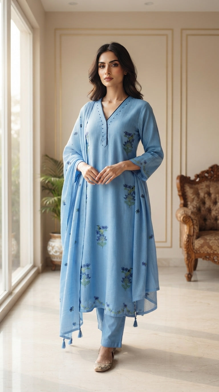 Women Blue Embroidered Cotton Kurta Pant Dupatta