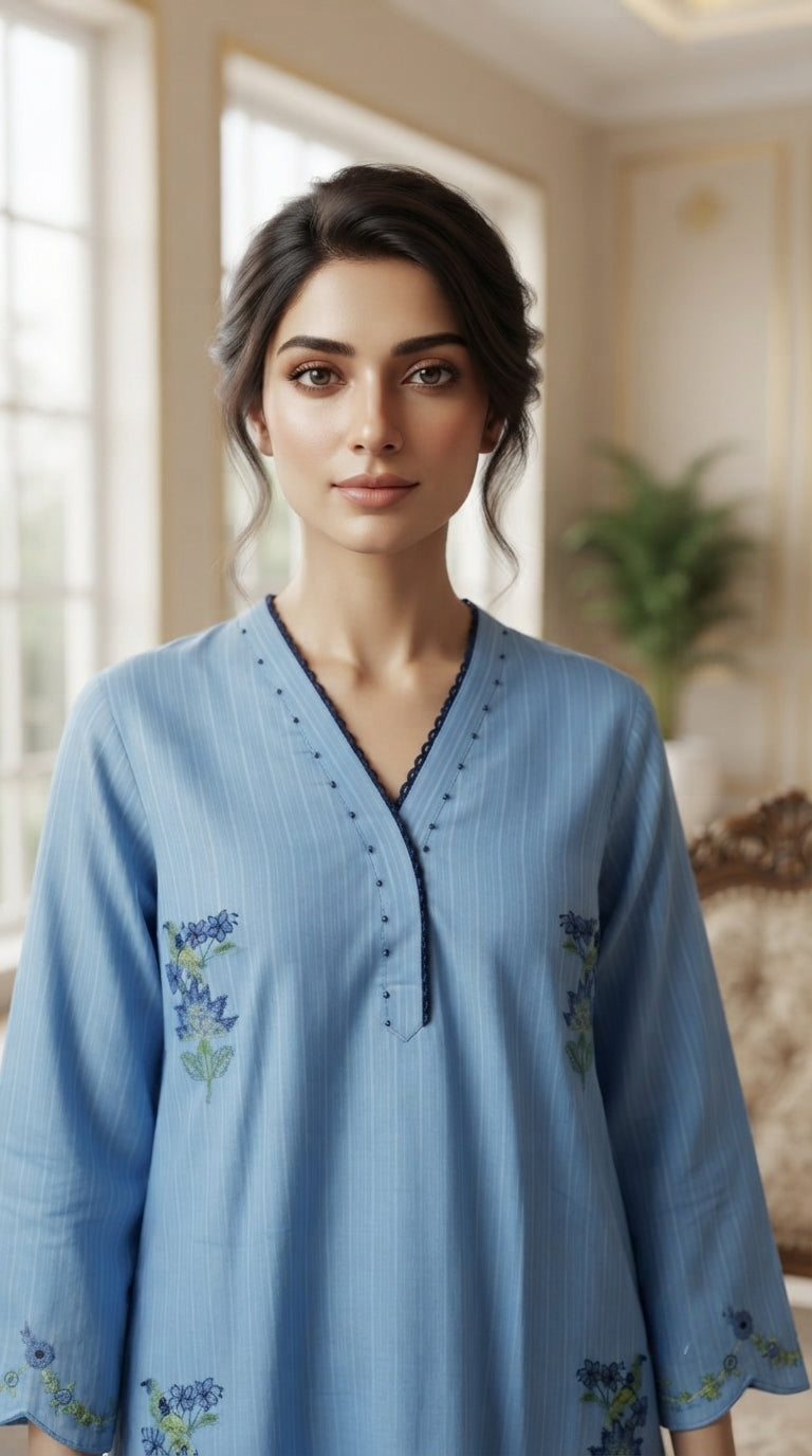 Women Blue Embroidered Cotton Kurta Pant Dupatta
