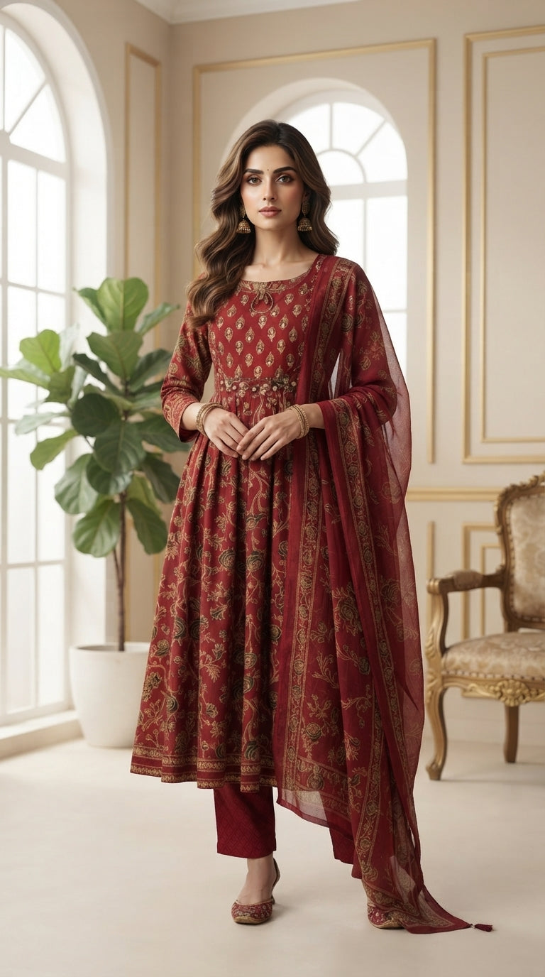 Women Maroon Embroidered Cotton Kurta Pant Dupatta