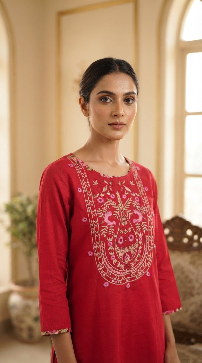 Women Pink Embroidered Cotton Top Bottom