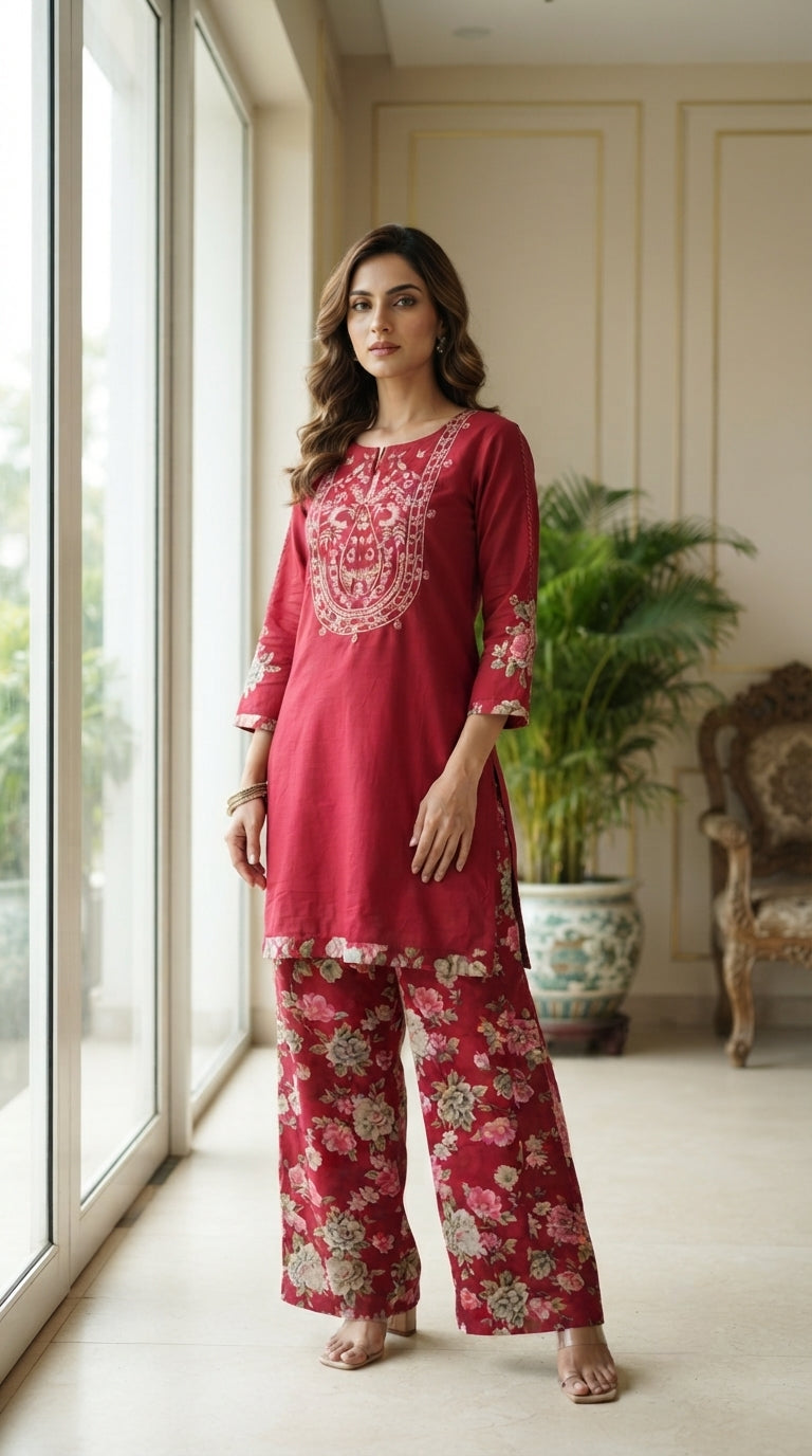 Women Pink Embroidered Cotton Top Bottom
