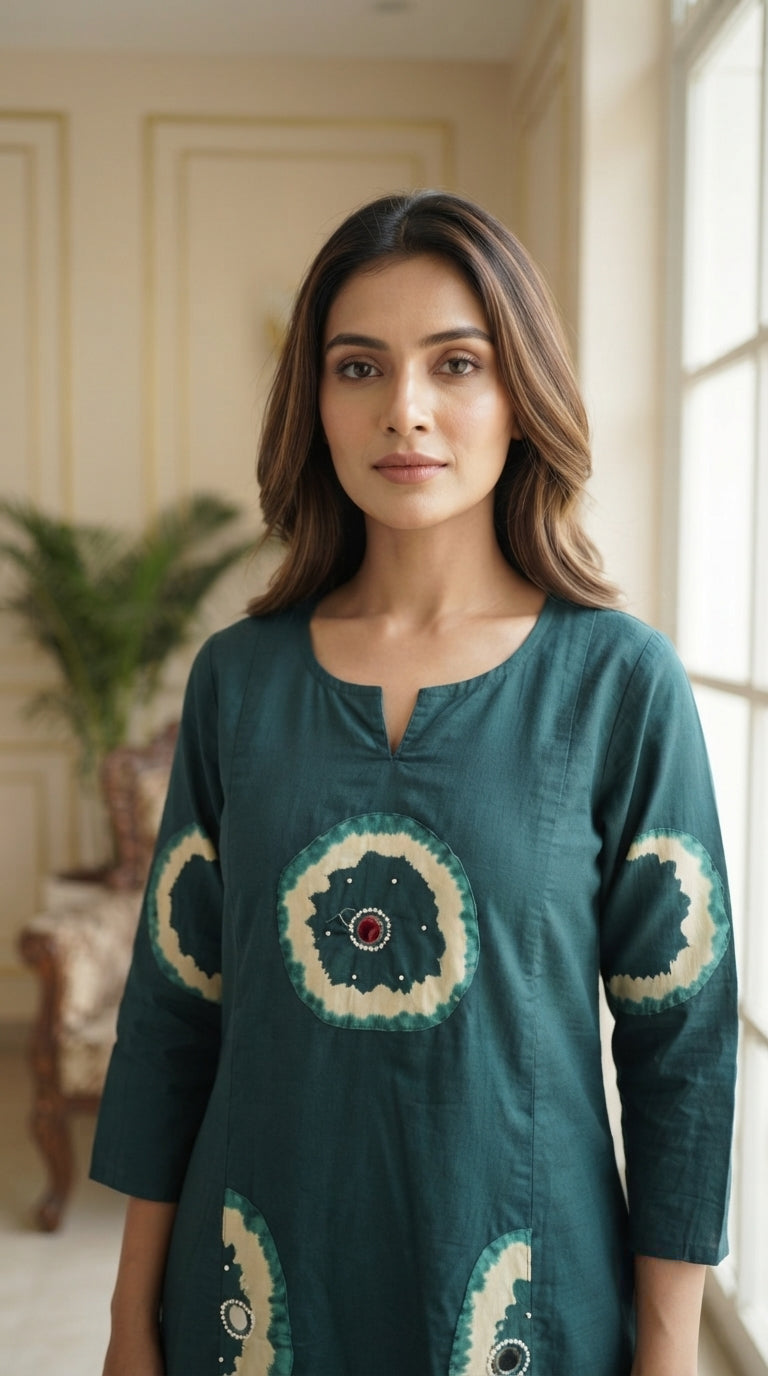 Women Green Mirror Cotton Kurta Pant Dupatta