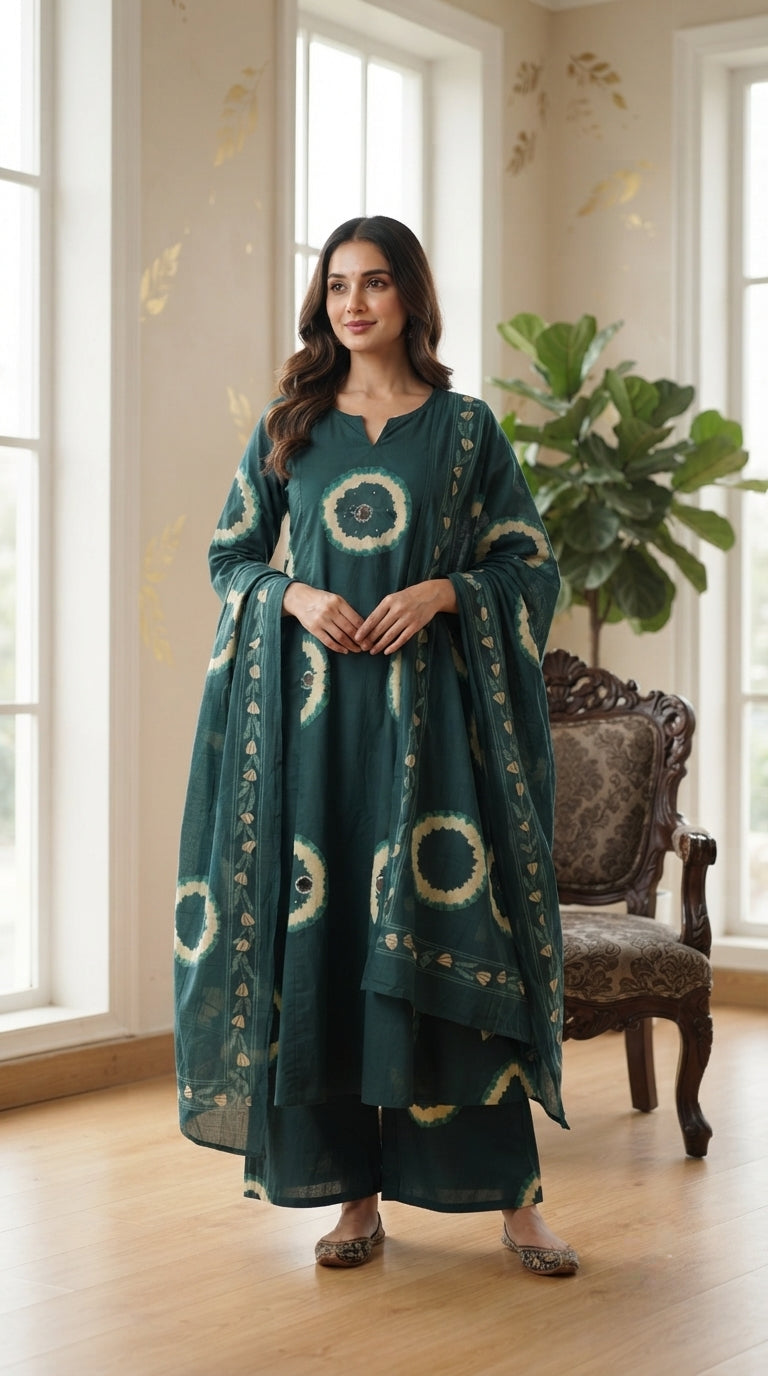 Women Green Mirror Cotton Kurta Pant Dupatta