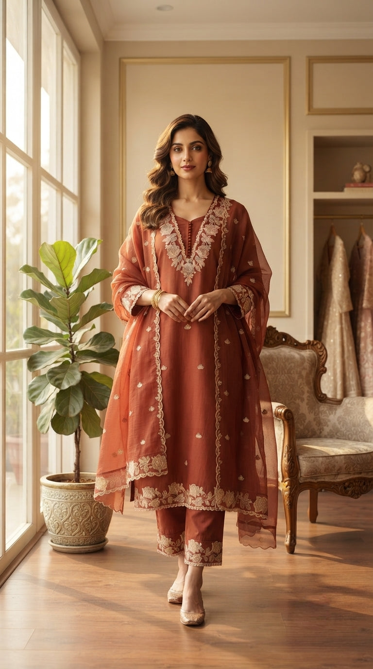 Women Brown Embroidered Cotton Kurta Pant Dupatta