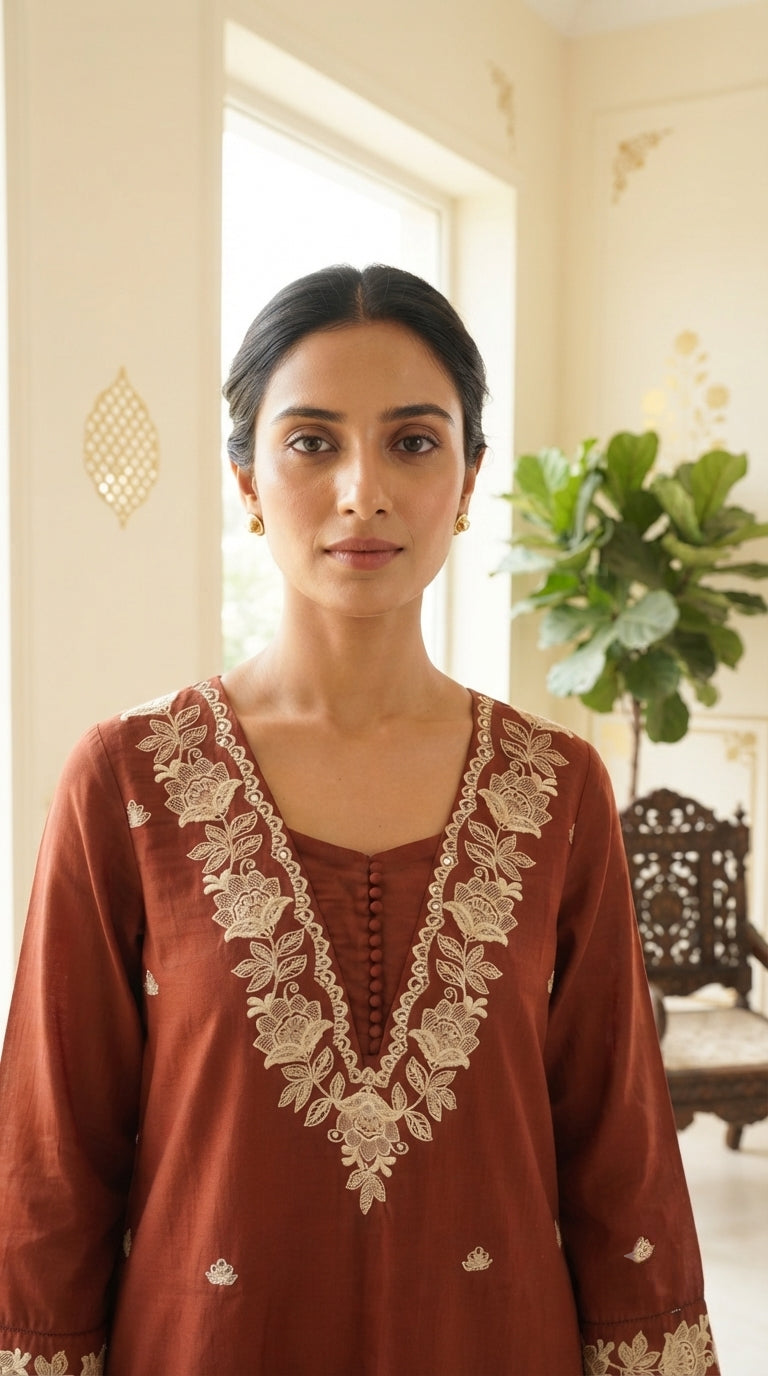 Women Brown Embroidered Cotton Kurta Pant Dupatta