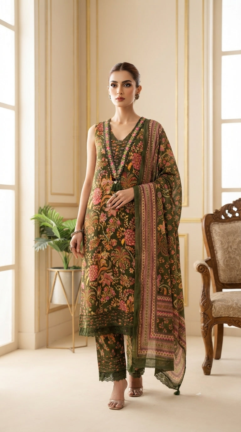 Women Multi Colour Yoke Cotton Kurta Pant Dupatta