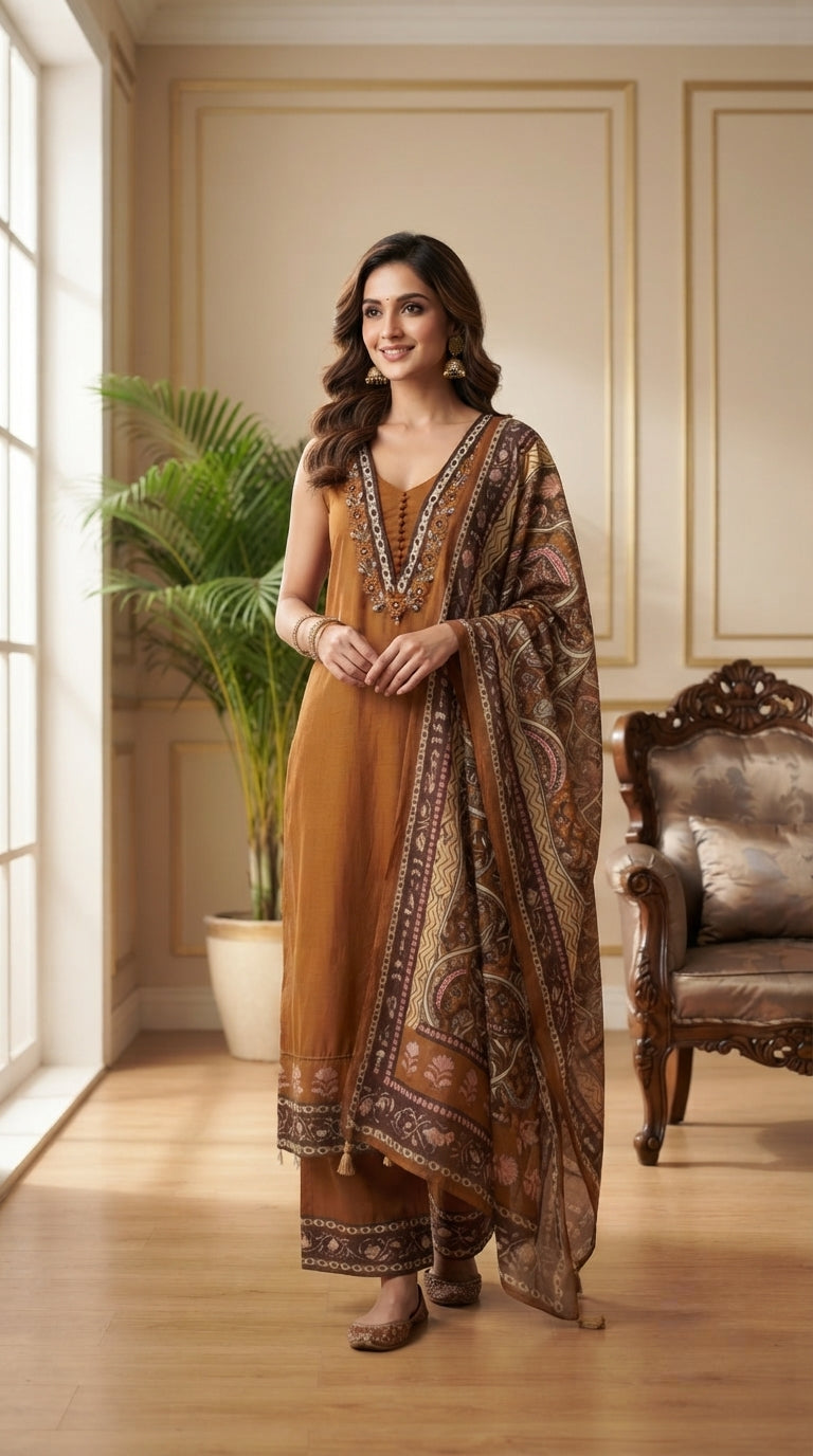 Women Brown Embroidered Cotton Kurta Pant Dupatta