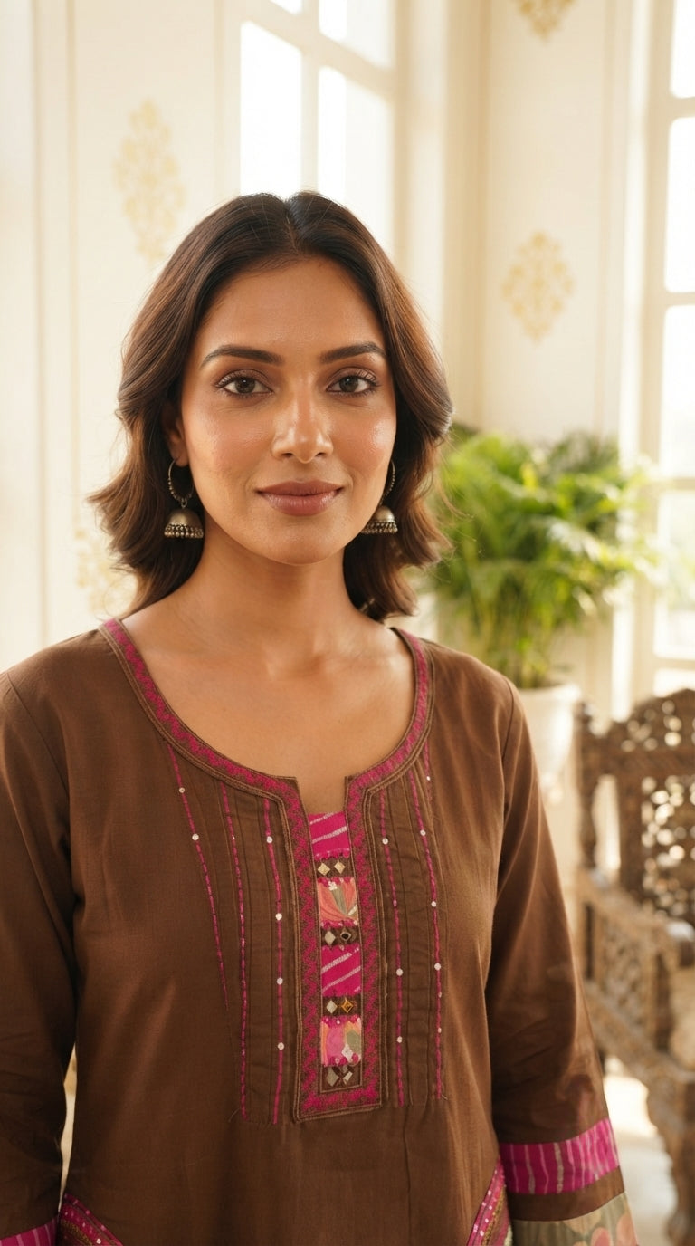 Women Brown Embroidered Cotton Kurta Pant Dupatta