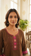 Women Brown Embroidered Cotton Kurta Pant Dupatta