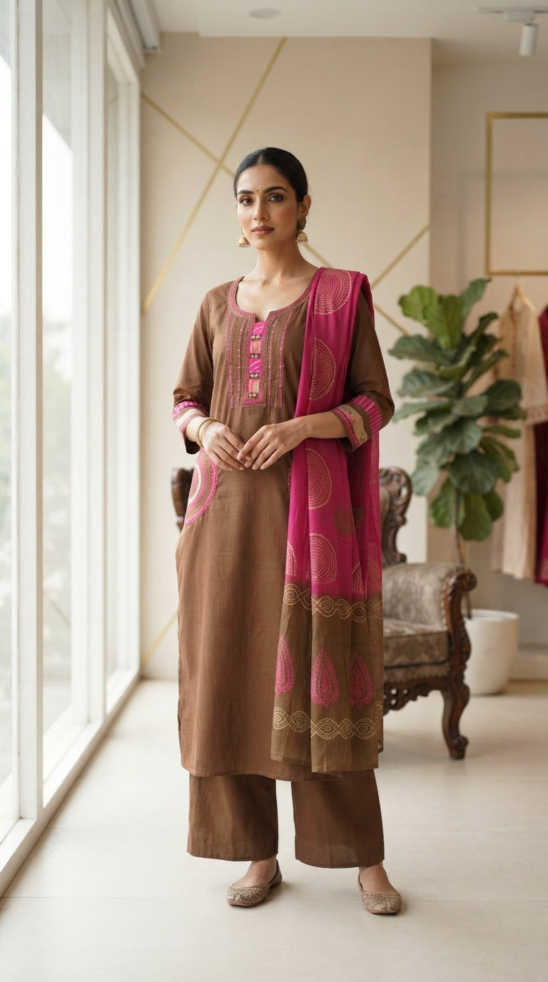 Women Brown Embroidered Cotton Kurta Pant Dupatta