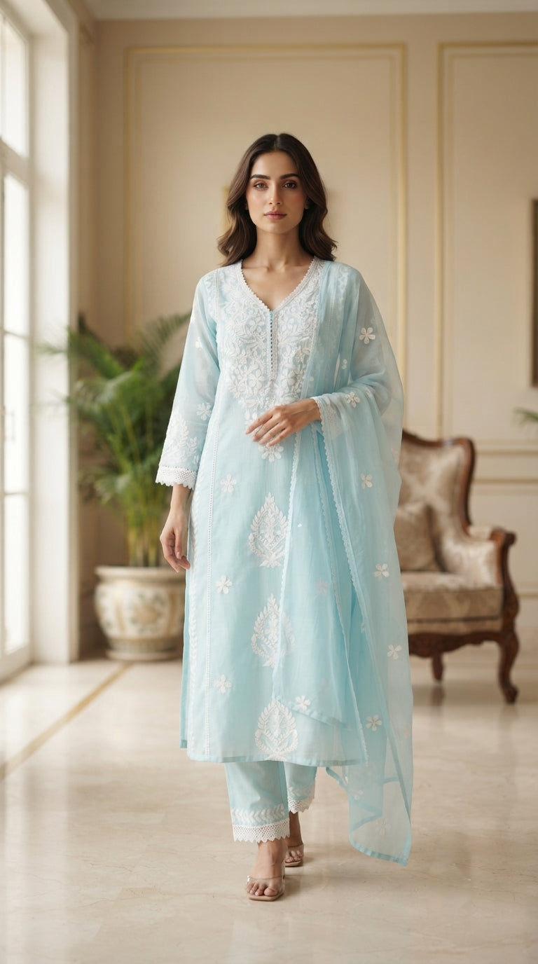 Women Sky Blue Embroidered Cotton Kurta Pant Dupatta