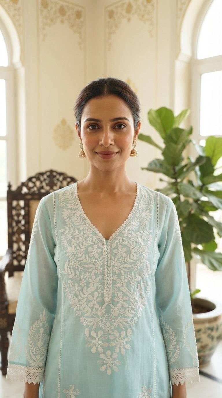 Women Sky Blue Embroidered Cotton Kurta Pant Dupatta