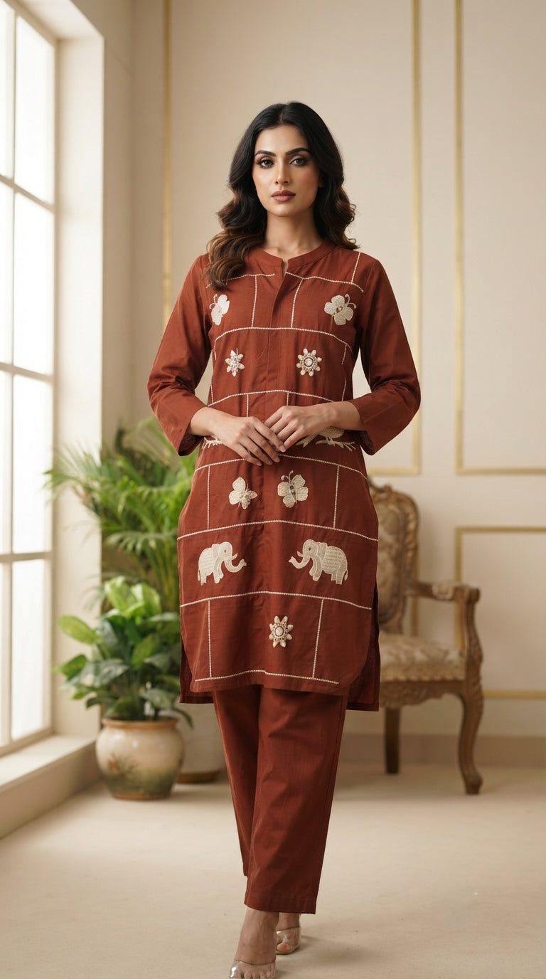 Women Brown Animal Print Cotton Top Bottom