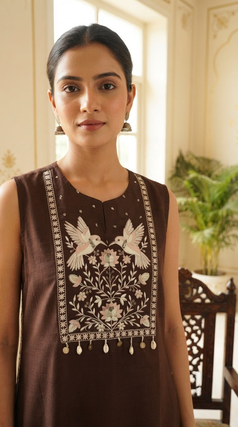 Women Brown Embroidered Cotton Kurta Pant Dupatta