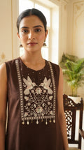 Women Brown Embroidered Cotton Kurta Pant Dupatta