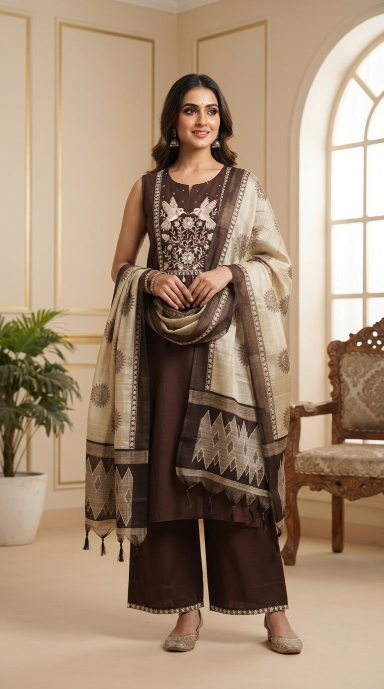 Women Brown Embroidered Cotton Kurta Pant Dupatta