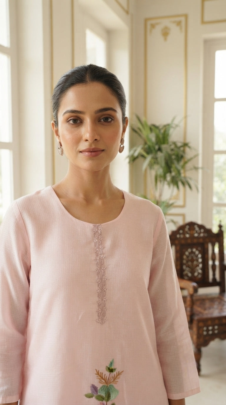 Women Pink Embroidered Chanderi Kurta Pant Dupatta