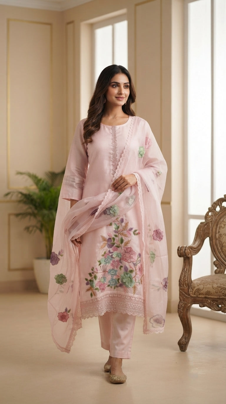 Women Pink Embroidered Chanderi Kurta Pant Dupatta