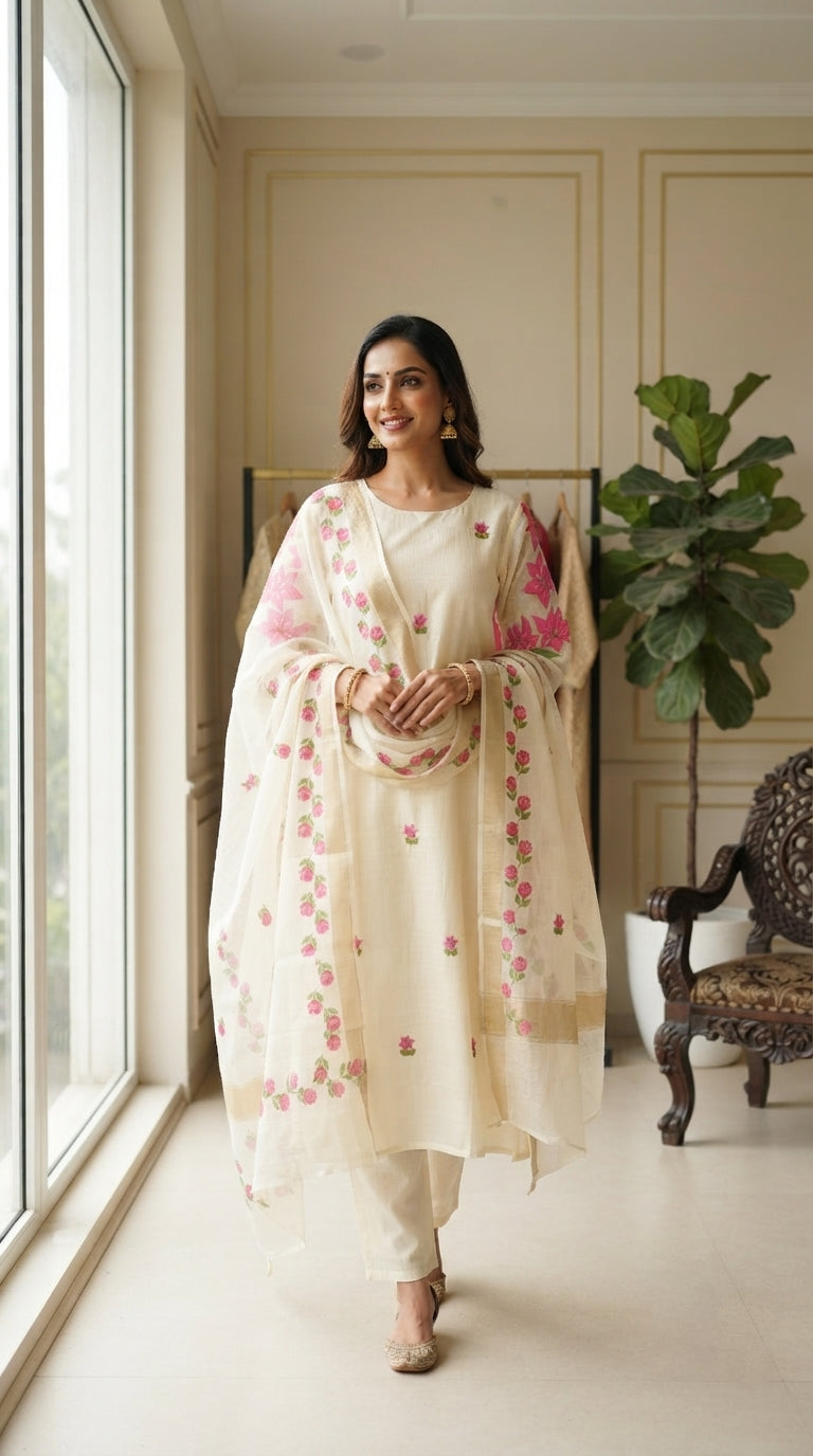 Women White Embroidered Chanderi Kurta Pant Dupatta