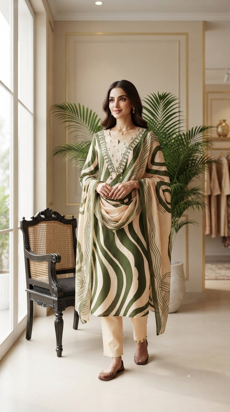 Women Green Embroidered Cotton Kurta Pant Dupatta