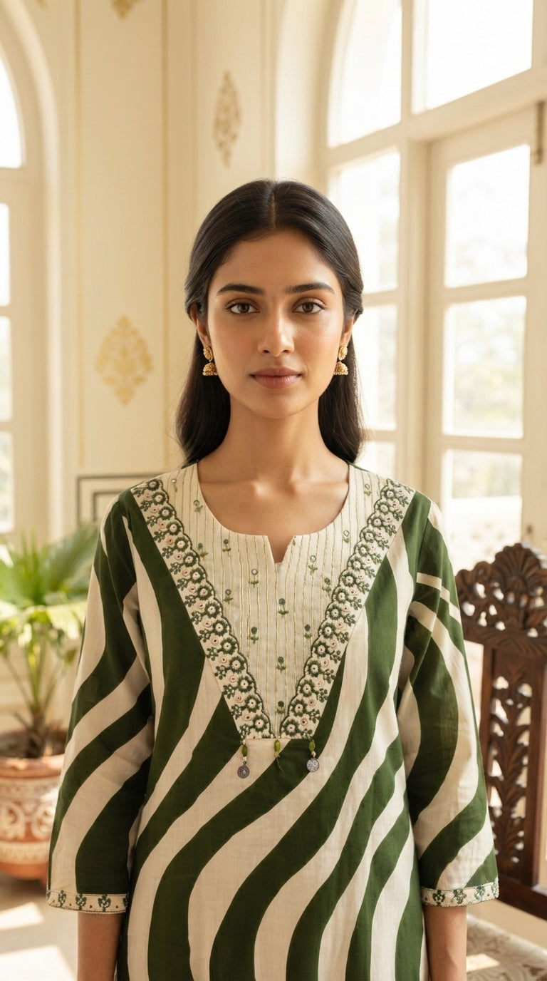 Women Green Embroidered Cotton Kurta Pant Dupatta