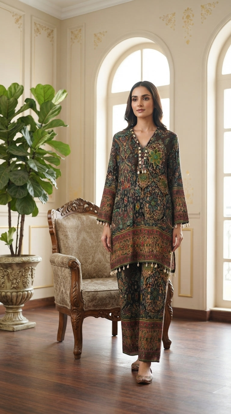 Women Multi Colour Mirror Silk Top Bottom